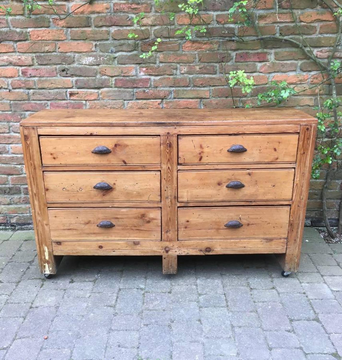 Large Victorian Pine Base with Six Drawers on Castors