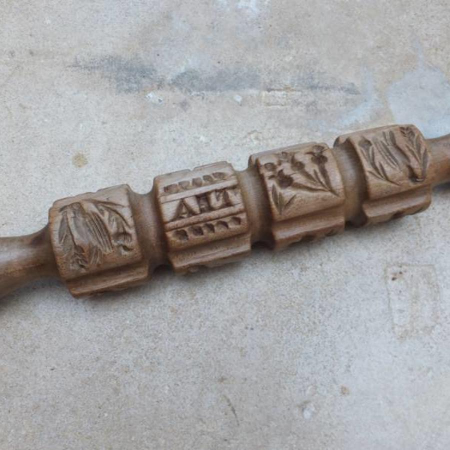 Rare Deeply Carved Treen Biscuit Roller c.1880
