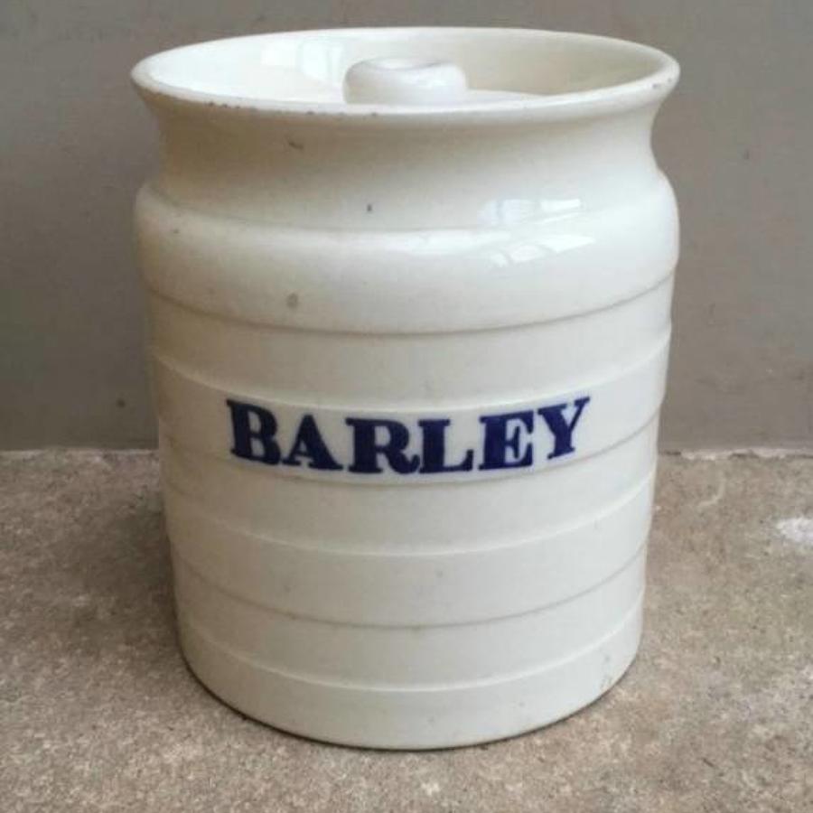 Late Victorian White Banded Kitchen Storage Jar - Barley - Rarer Blue