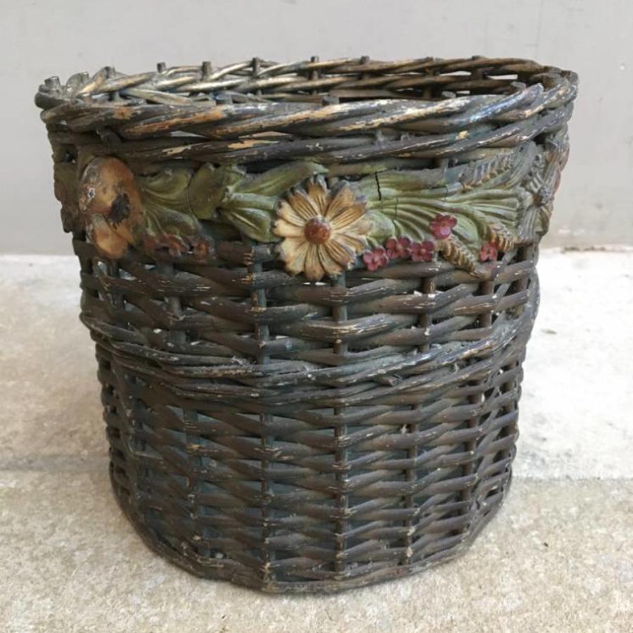 1930s Waste Basket with Gesso Floral Banding & Pine Base