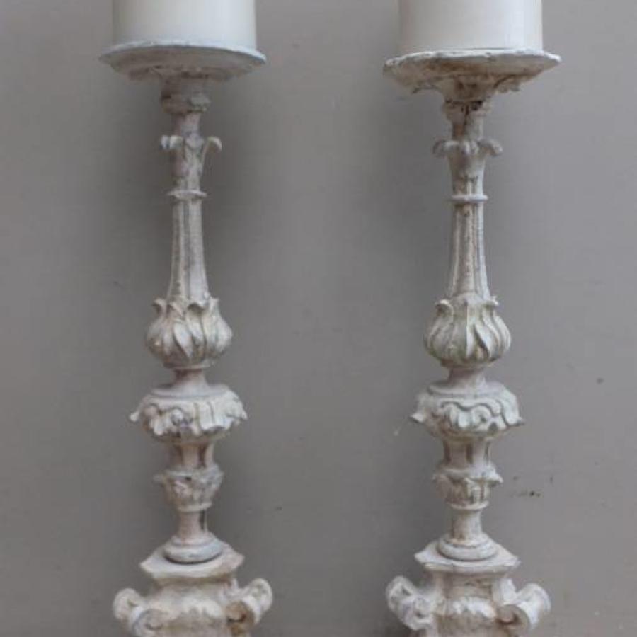 Pair of Victorian Carved & Limed Beech Candlesticks