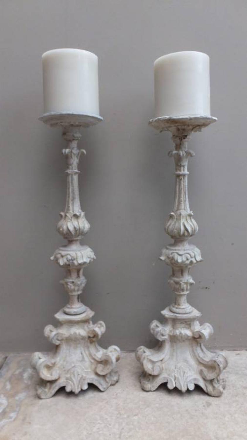 Pair of Victorian Carved & Limed Beech Candlesticks