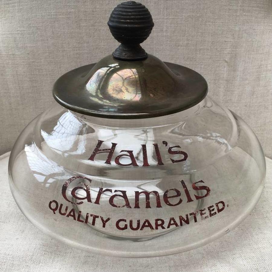 1920s Large Rare Shops Glass Advertising Jar - Halls Caramels