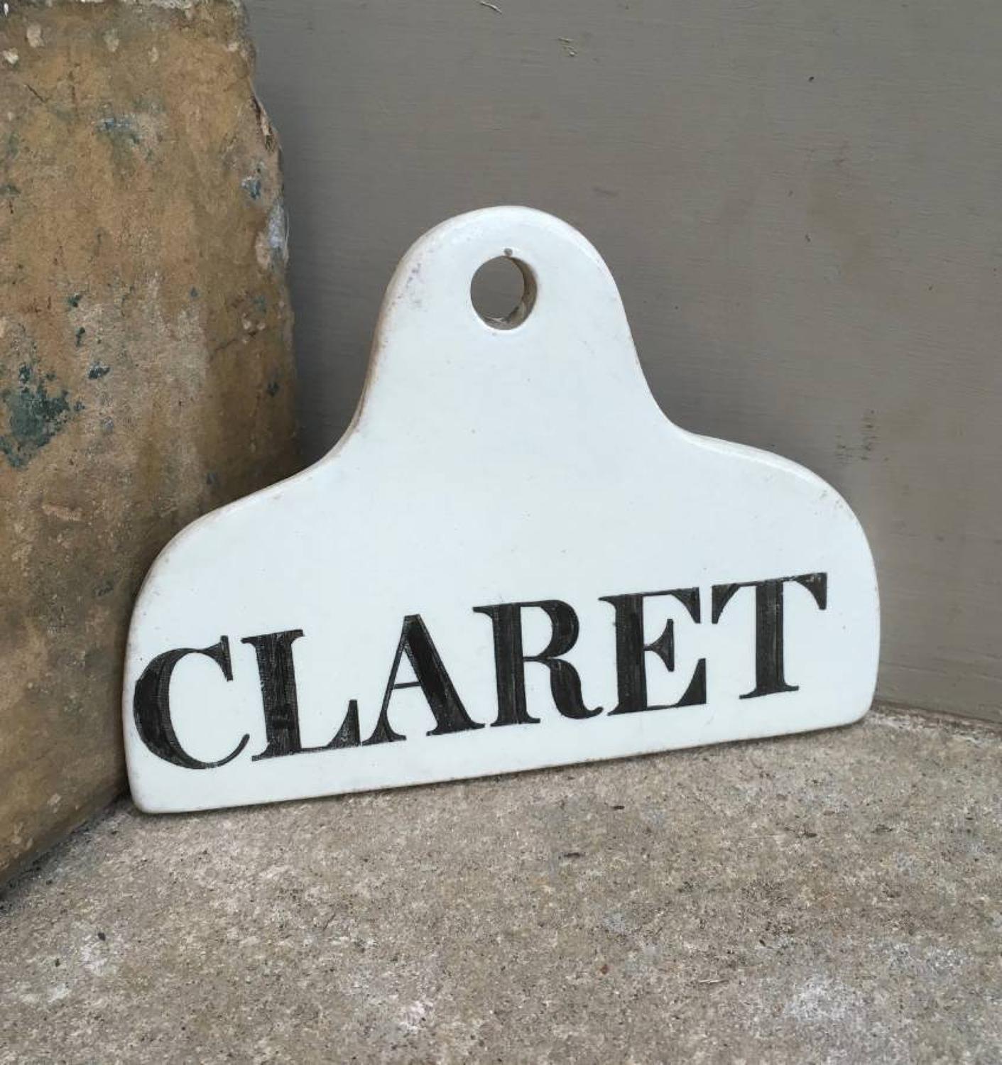 Victorian White Ceramic Cellar Label - Claret