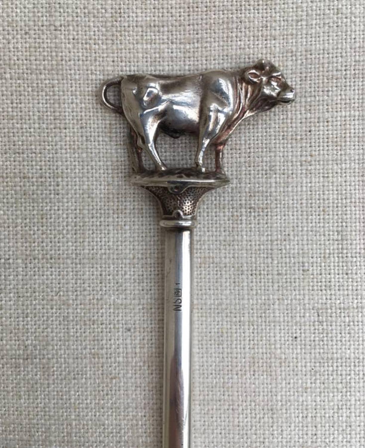 Rare Edwardian Quality Butchers Silver Plate Skewer - Bull Top