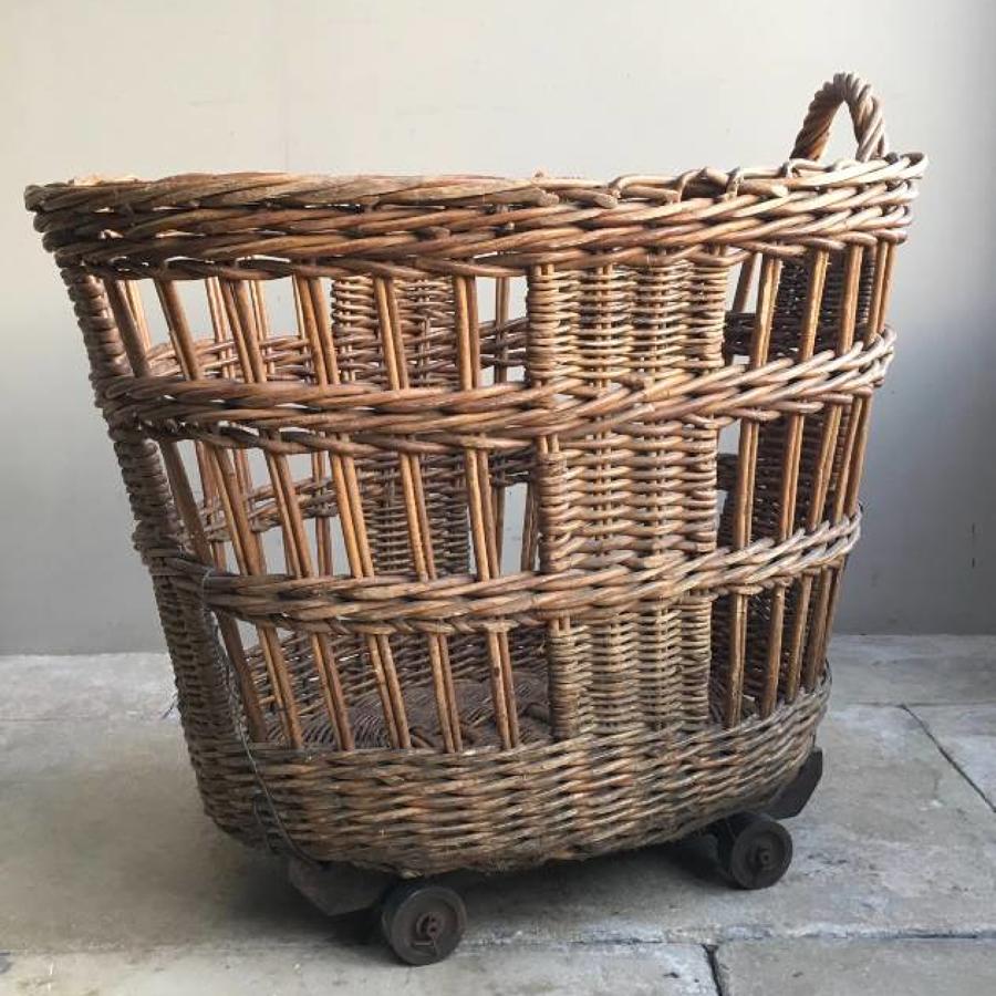 Antique Mill Basket on Wheels - The Perfect Log Basket