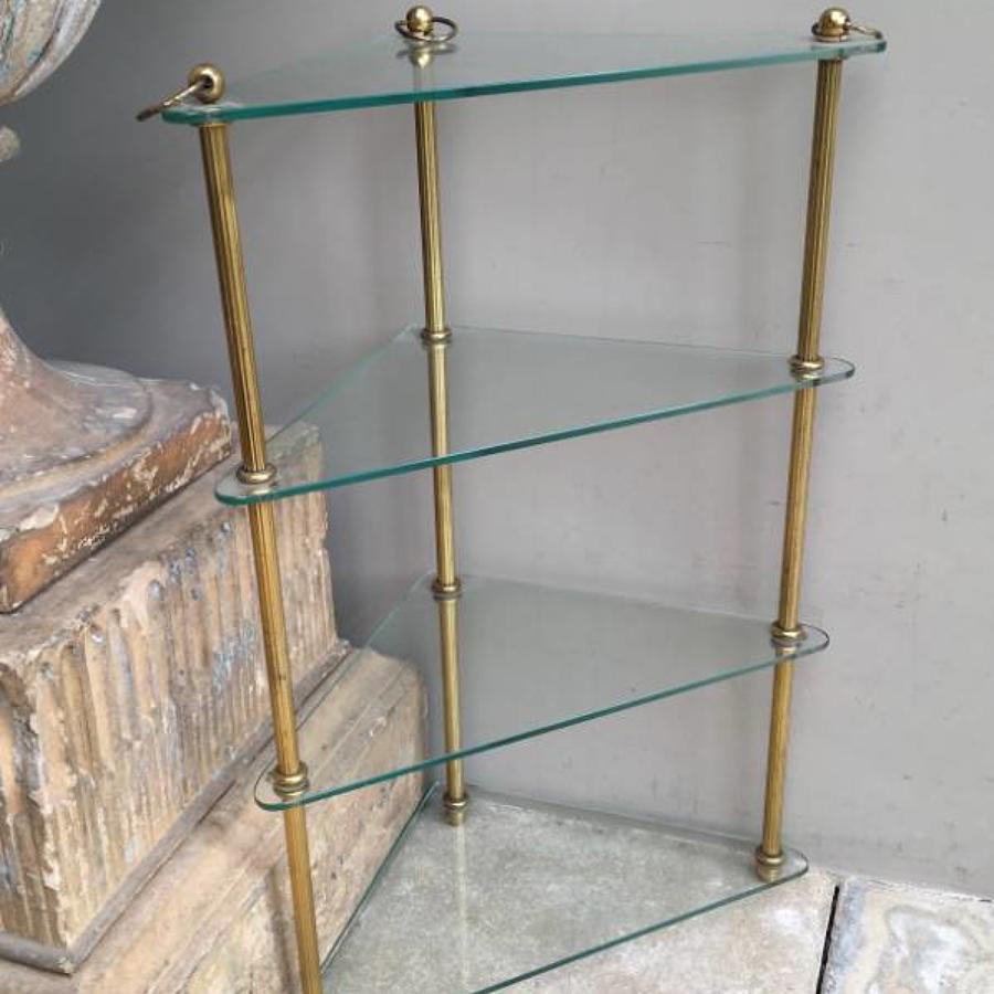 Mid Century Quality Brass & Glass Corner Shelves