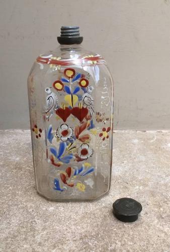 Rare 18th Century Glass Bottle with Enamel Decoration - Love Birds - O