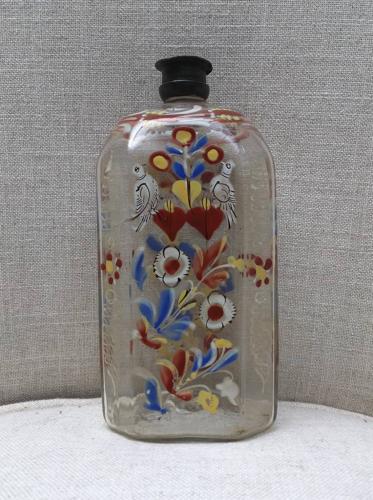 Rare 18th Century Glass Bottle with Enamel Decoration - Love Birds - O