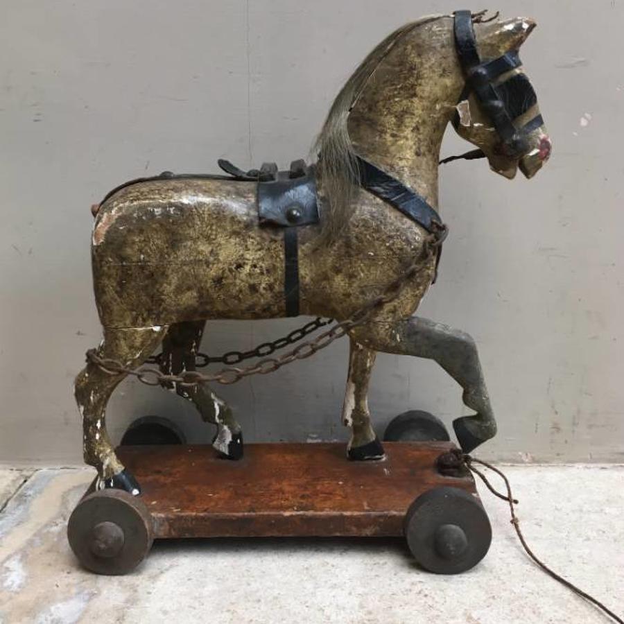 Victorian Gesso on Pine Horse on Wheels in Original Paint