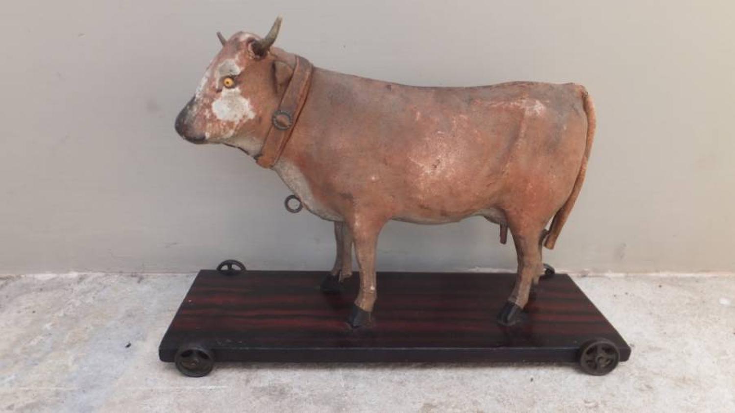 Pull Along Victorian Leather Dairy Cow on Pine Base with Iron Wheels