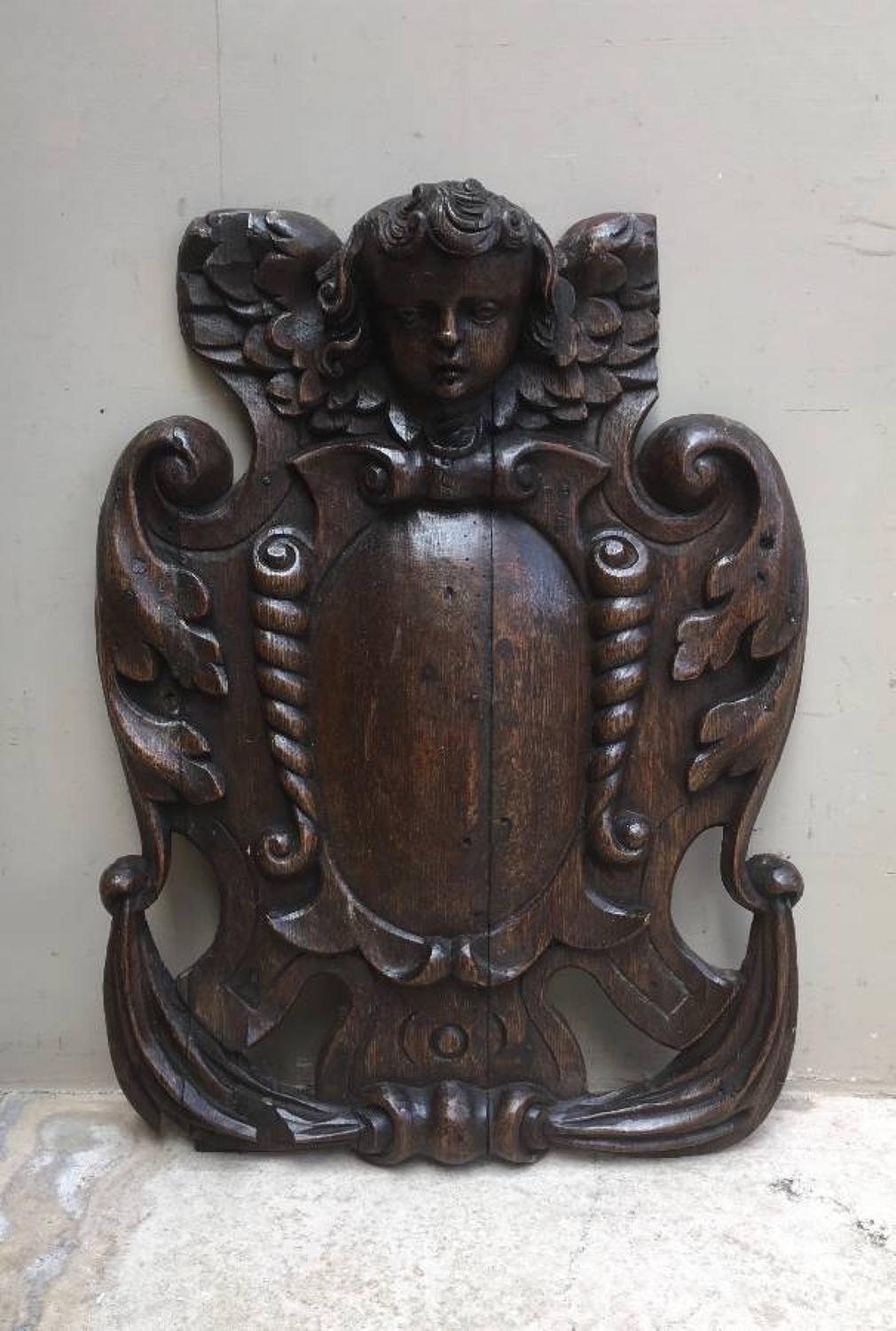 Georgian Carved Oak Cartouche with Putti Angel Top