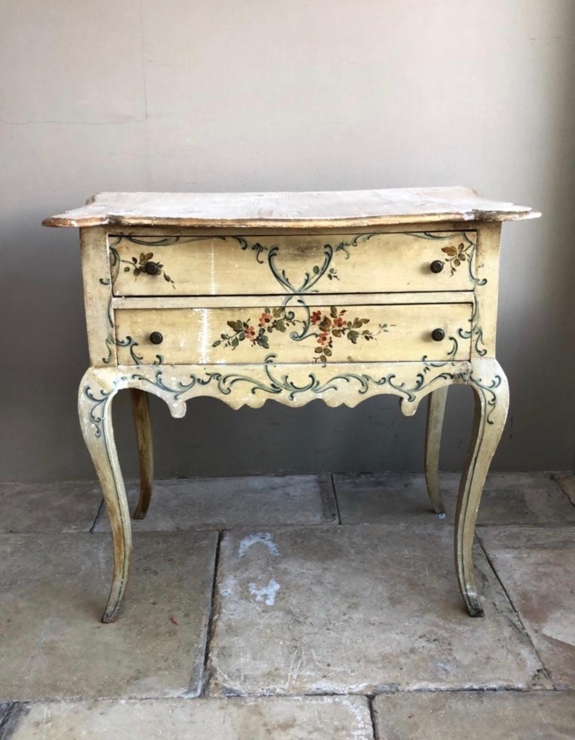 1920s Painted Pine Two Drawer Side Table Console with Cabriole Legs