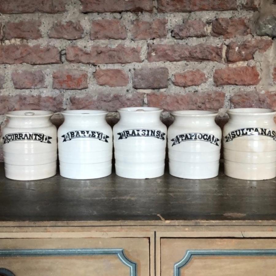 Late Victorian Set of Five White Banded Kitchen Storage Jars