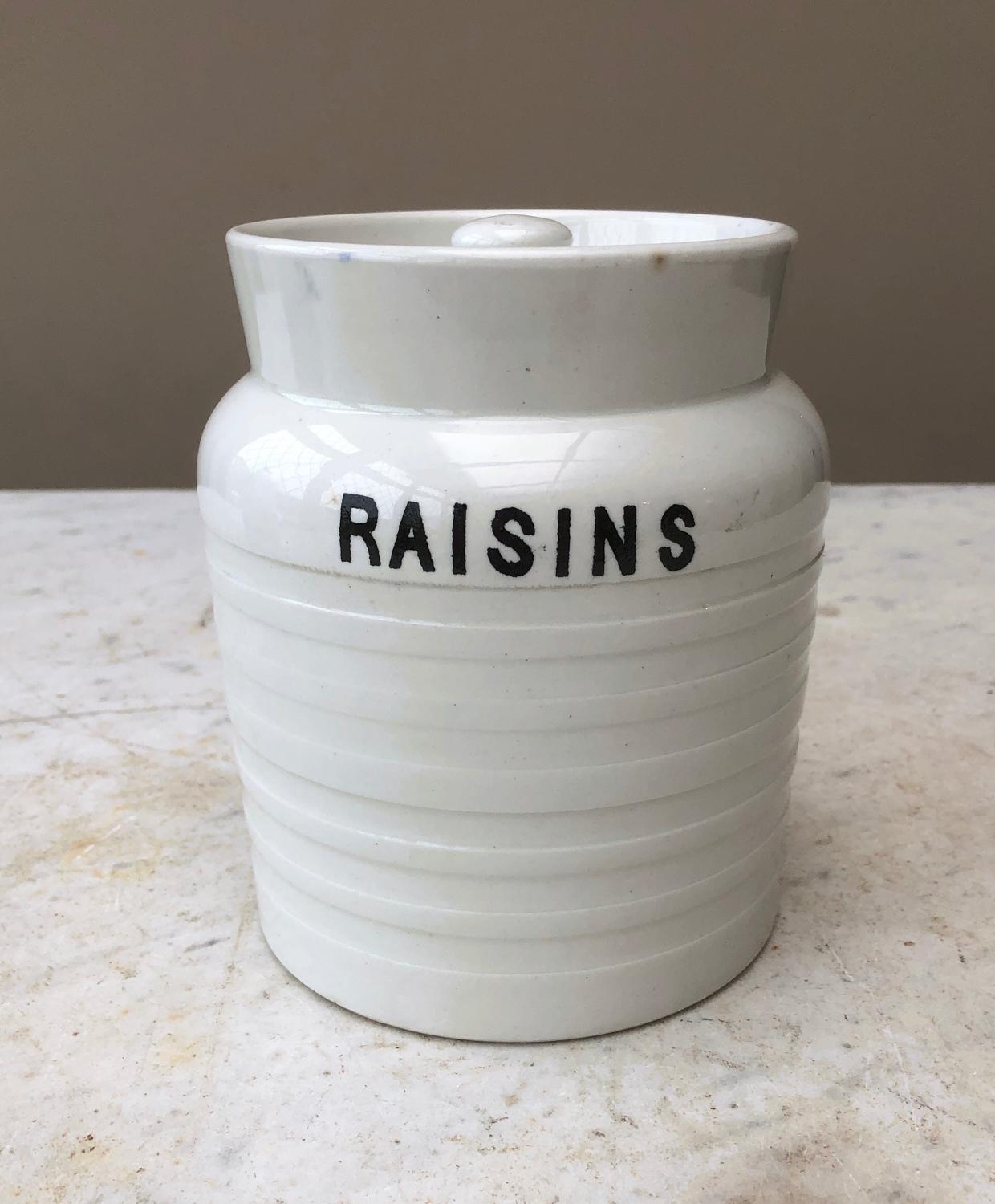 Edwardian White Banded Kitchen Storage Jar - Raisins
