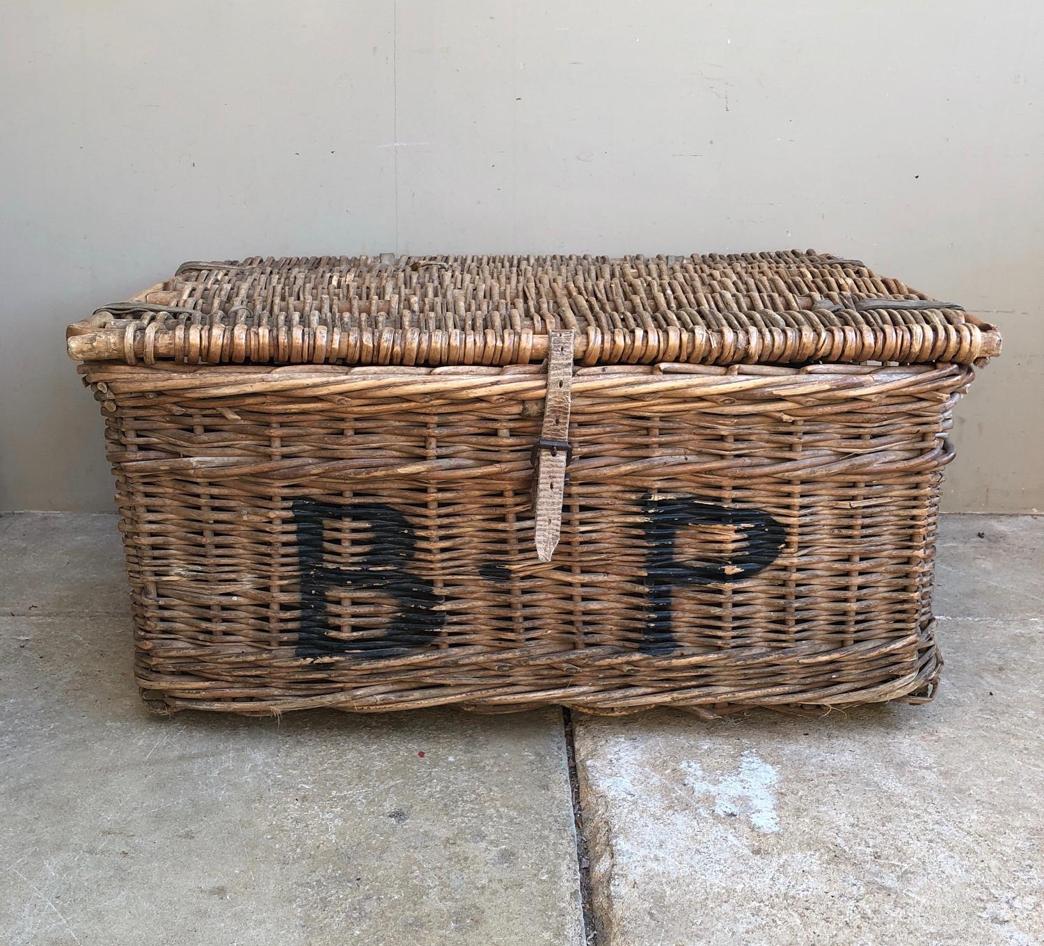 Early 20th Century Leather Bound Laundry Basket - B.P.