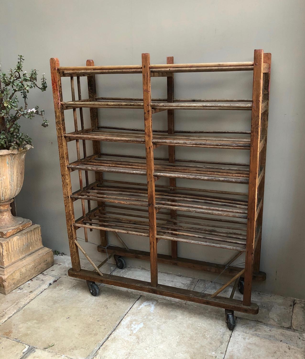 Antique Pine Shoe Rack - Linen Rack - Shelves - On Castors