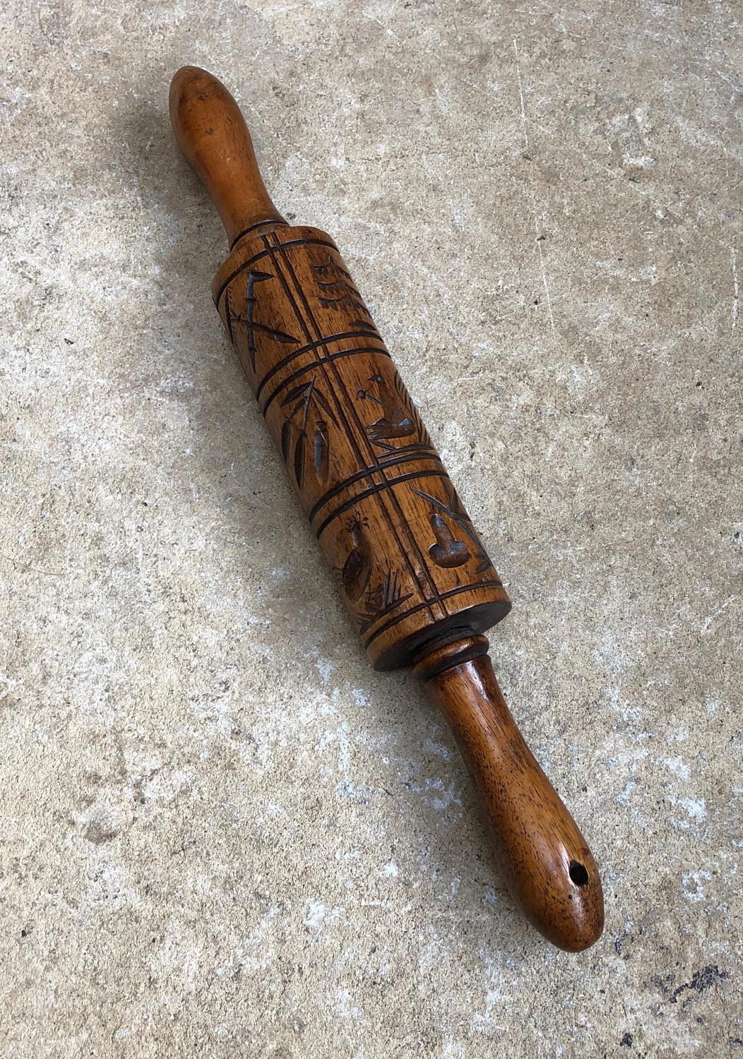 Early 20th Century Carved Treen Biscuit Rolling Pin