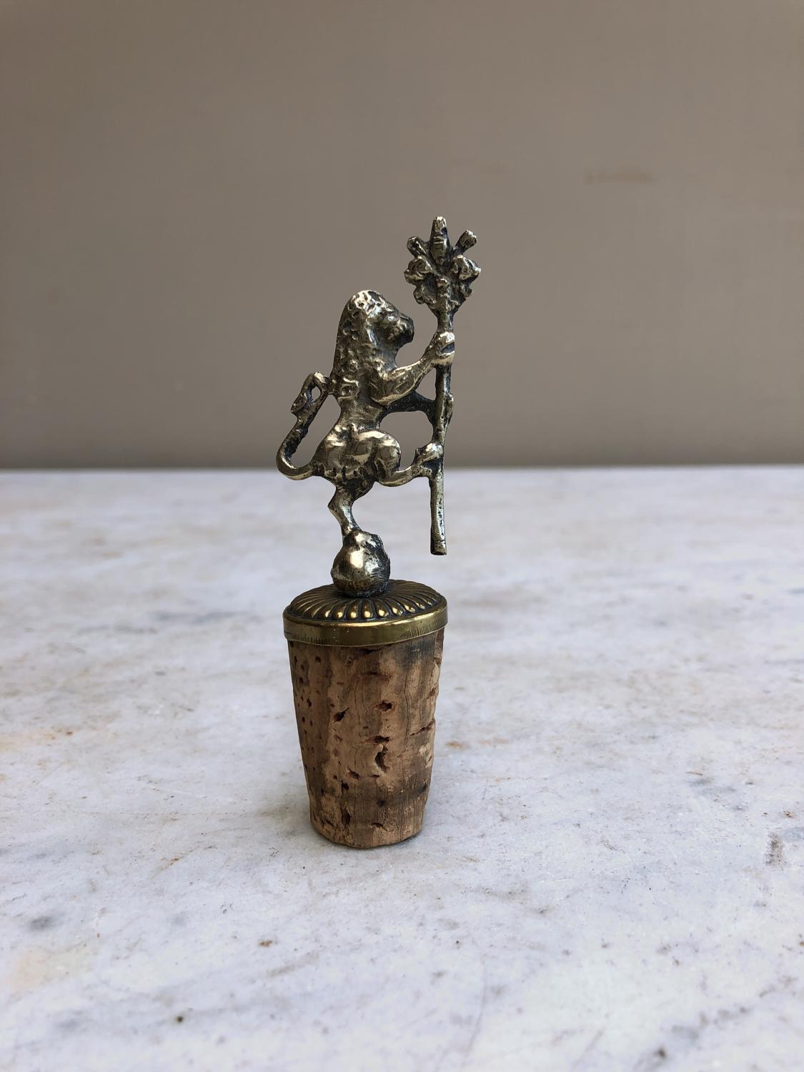 Early 20th Century White Metal & Brass Lion Bottle Stop