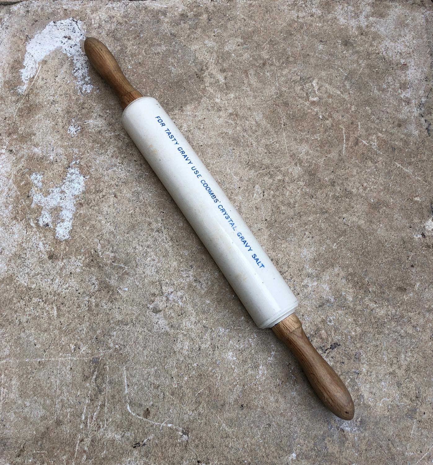 Early Two Line Coombs White Ceramic Advertising Rolling Pin
