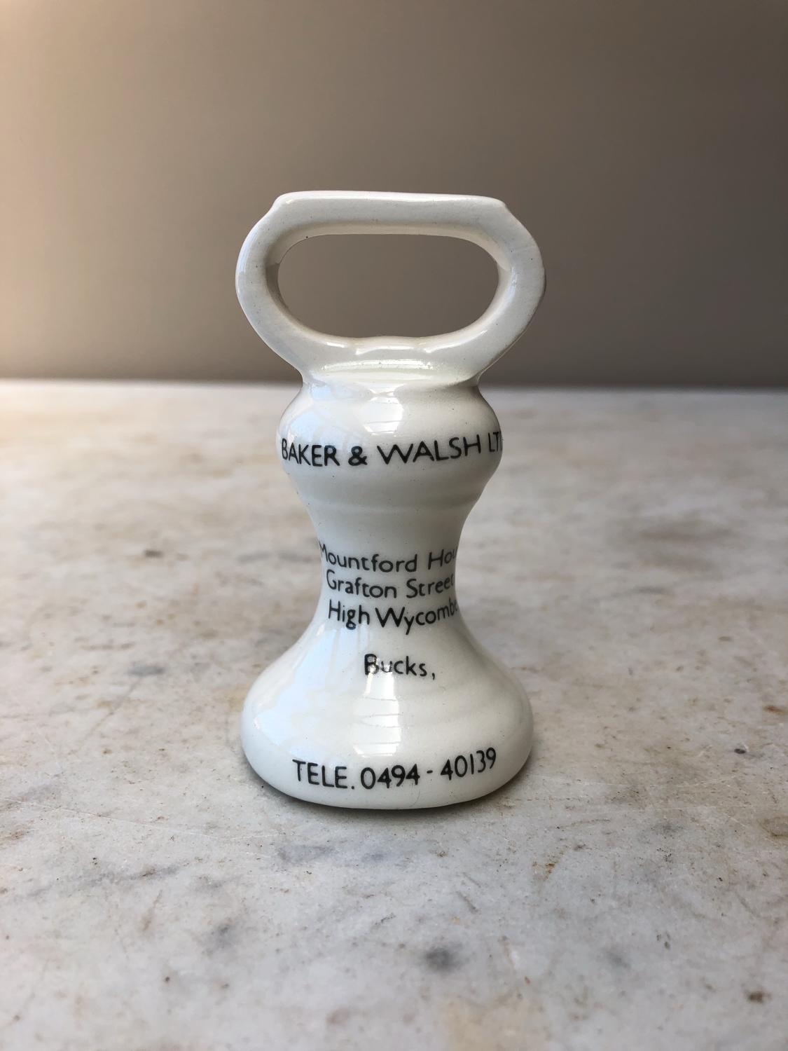 Rare Ceramic Advertising Bell Weight - Scale Makers Baker & Walsh Ltd