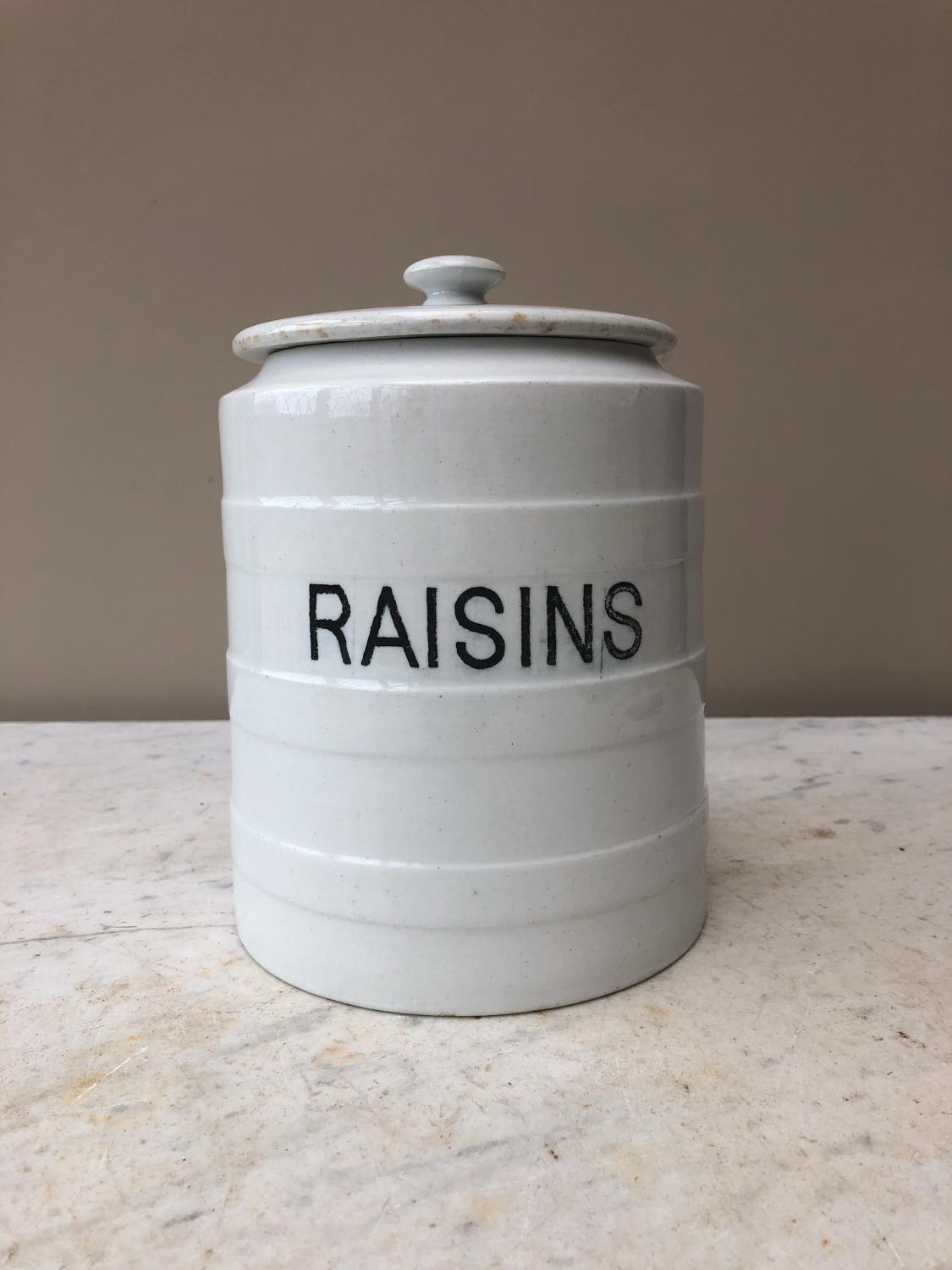 Large Edwardian White Banded Kitchen Storage Jar - Raisins - 6 Pounds