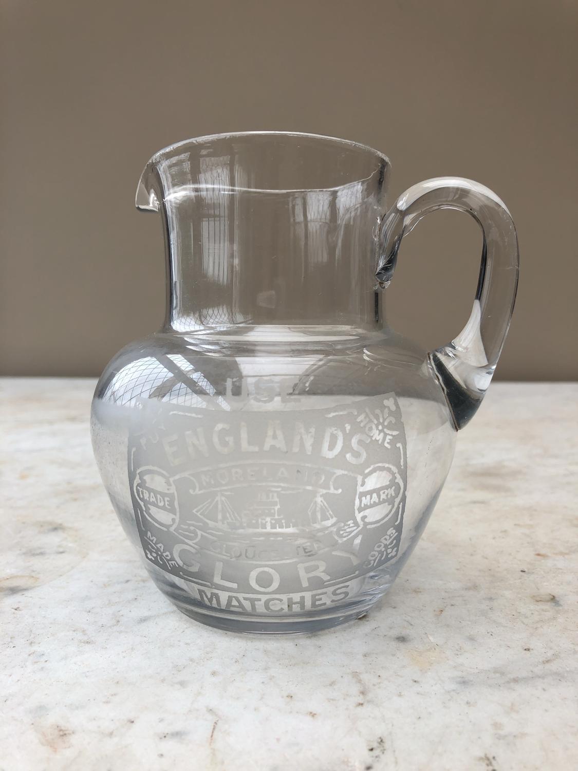 Early 20thC Glass Advertising Water Jug - Englands Glory Matches