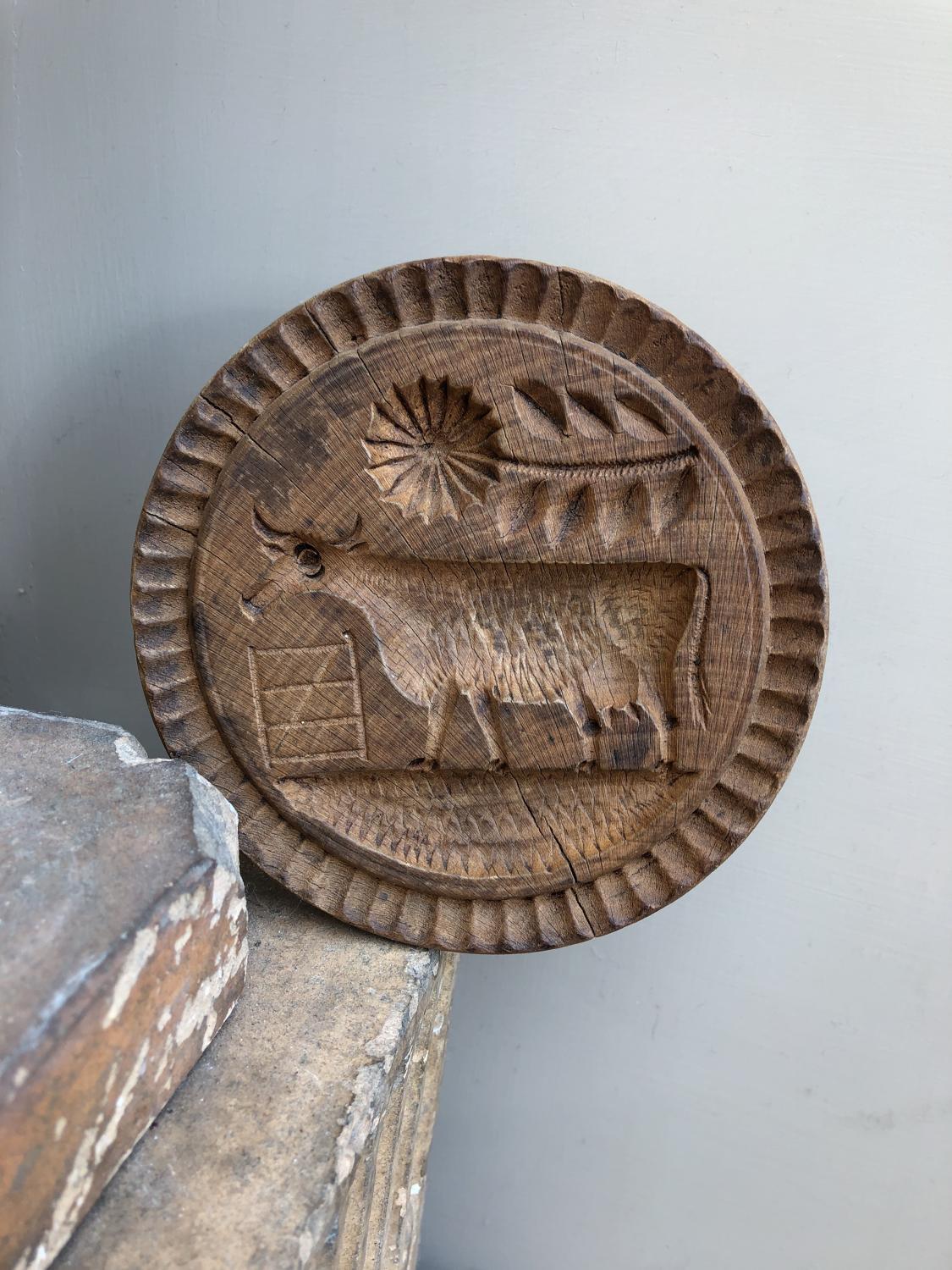 Large Victorian Carved Treen Butter Stamp - Cow with Unusual Flower