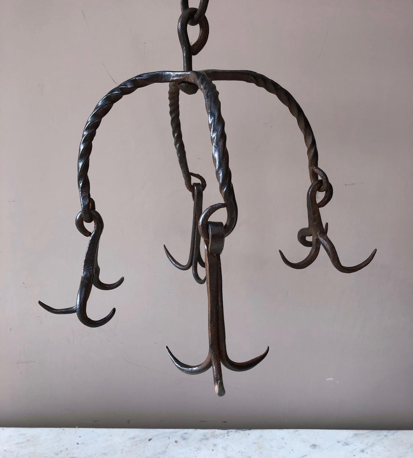 Early Victorian Small Wrought Iron Crown of Game Hooks
