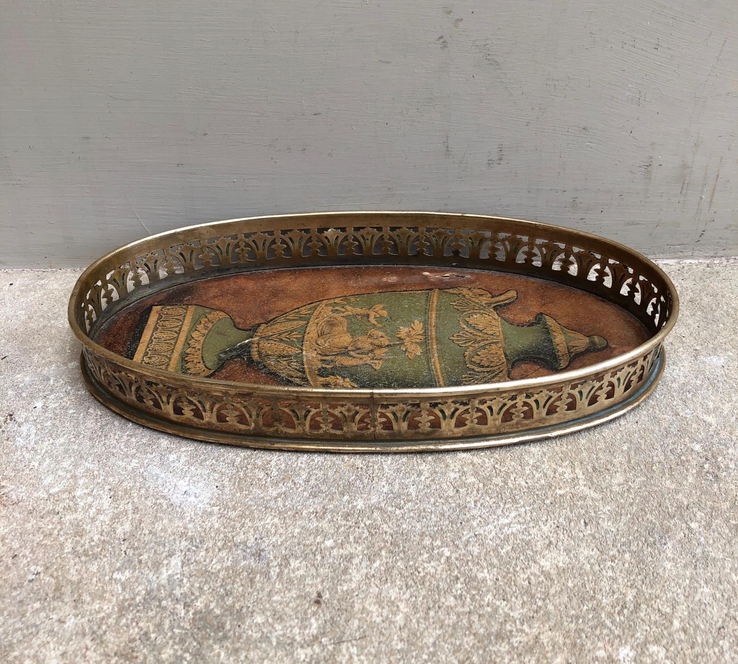Georgian Brass Dish or Tray - Original Decorative Paper Lining - Urn