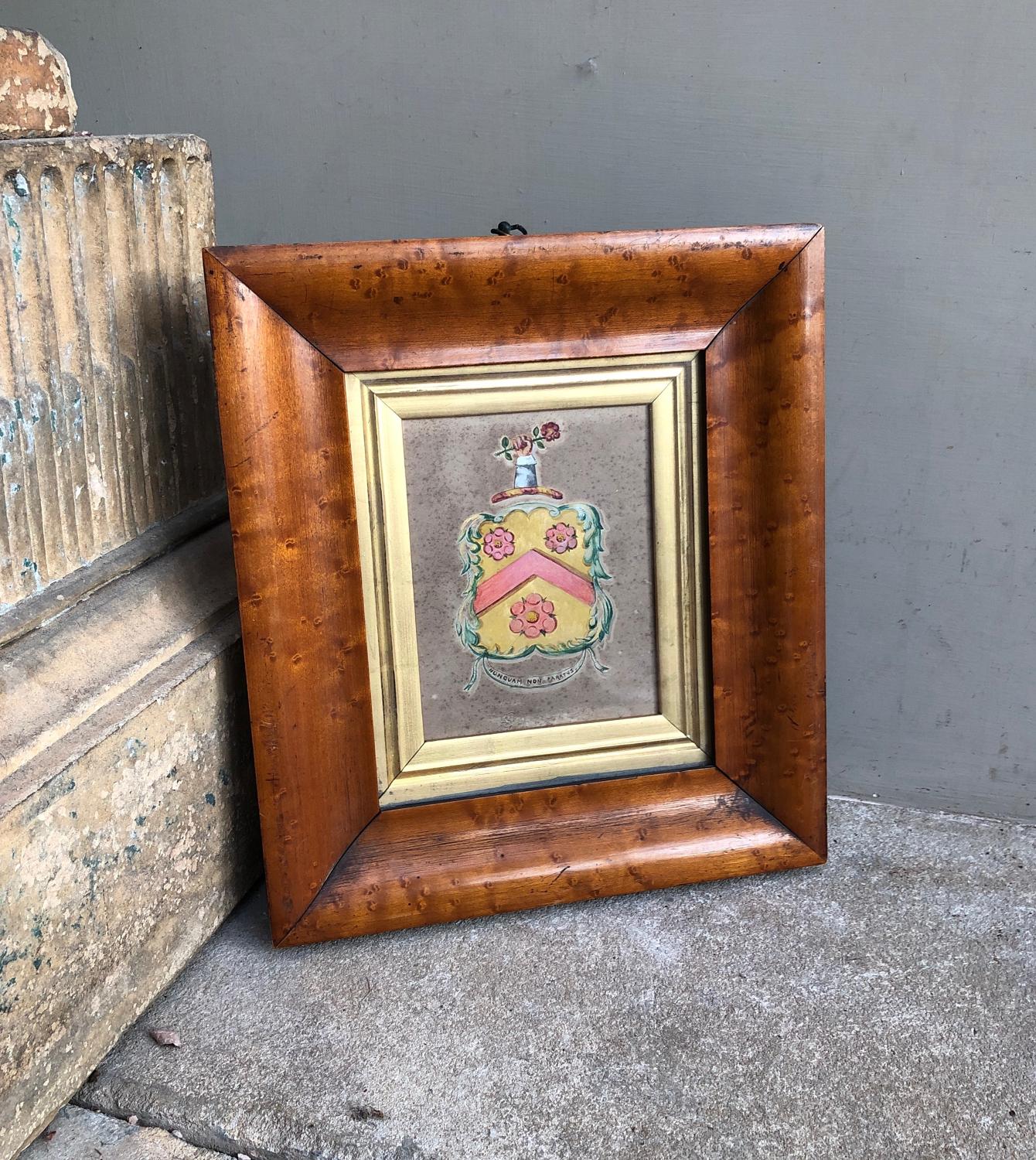 Victorian Hand Painted Armorial Crest in Thick Maple Frame
