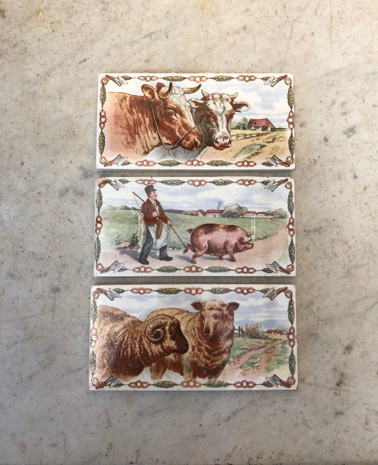 Superb & Rare Set of Three Early 20th Century Butchers Tiles