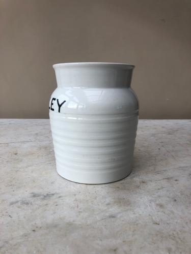 Early 20thC Century White Banded Kitchen Storage Jar - Barley