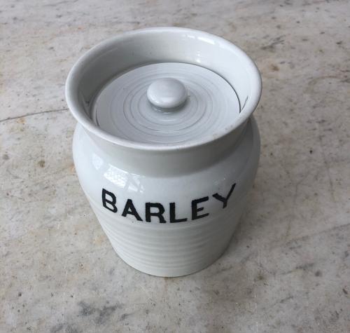 Early 20thC Century White Banded Kitchen Storage Jar - Barley