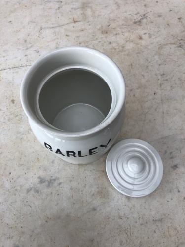 Early 20thC Century White Banded Kitchen Storage Jar - Barley