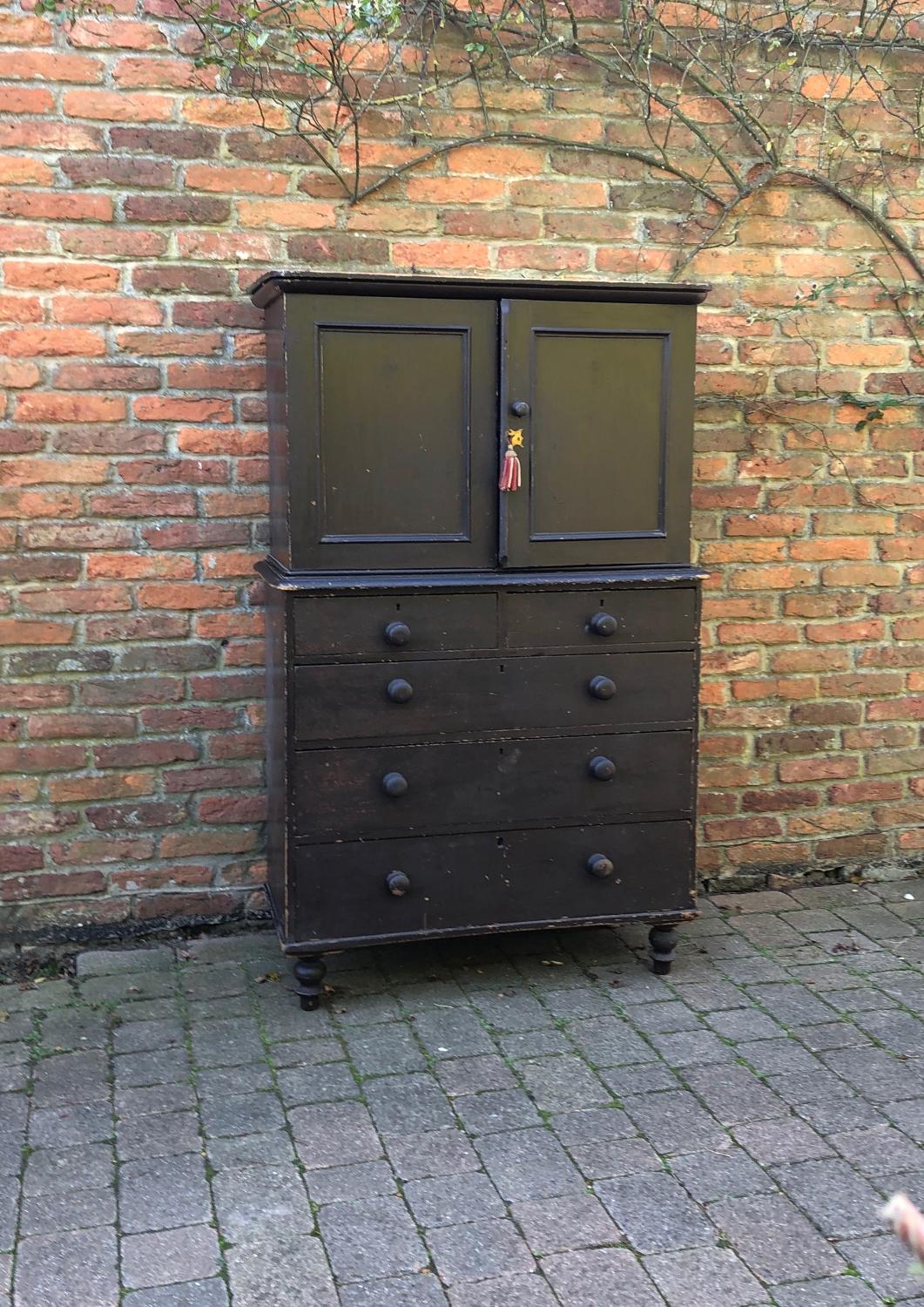 Victorian Pine Small Size Linen Press - Cupboard over Five Drawers