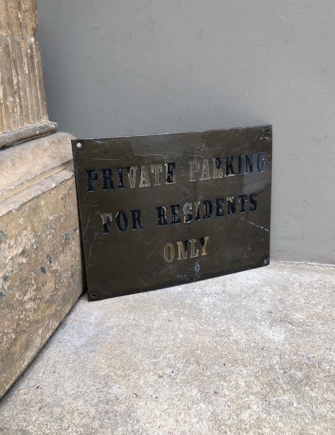 Late Victorian Brass Sign - Private Parking for Residents Only