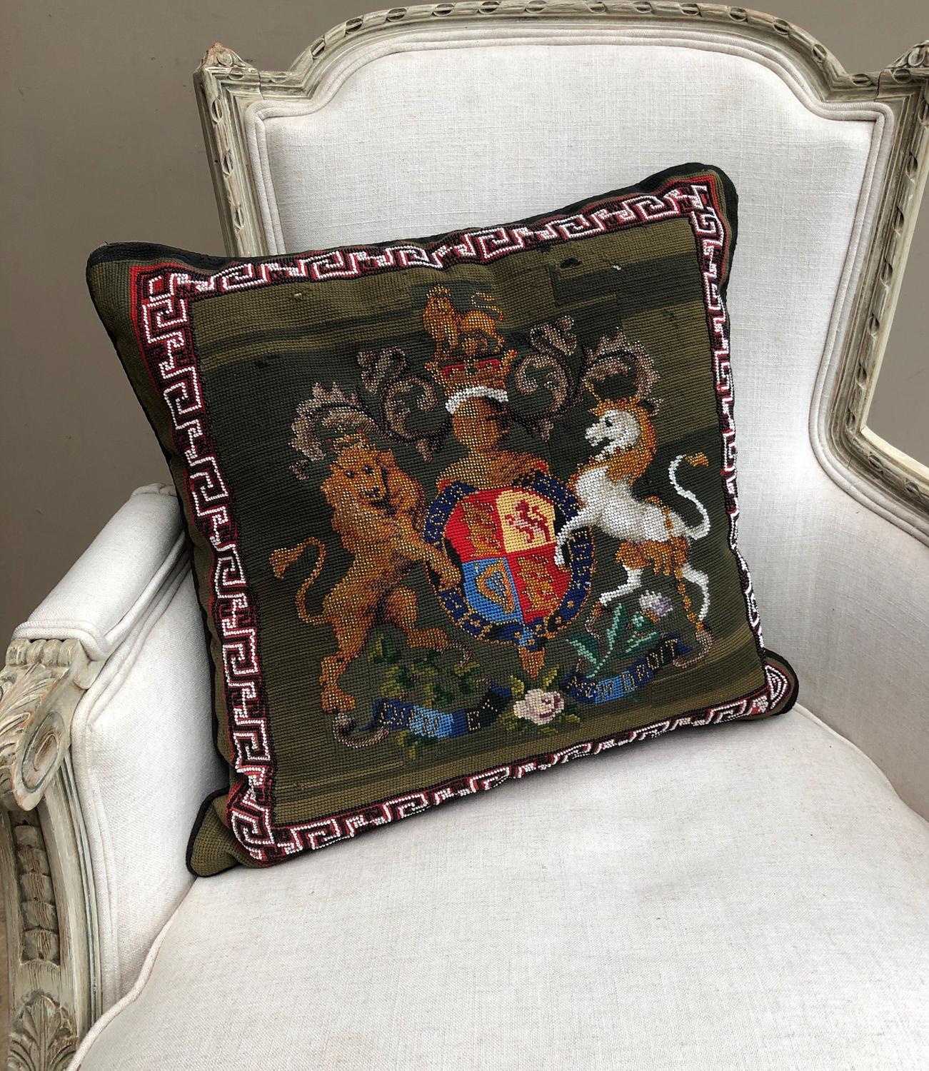 Victorian Beadwork & Tapestry Cushion with Royal Armorial Crest