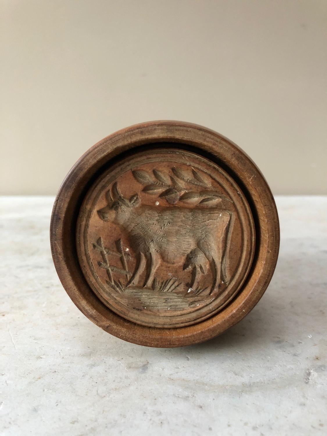 Victorian Treen Two Part Butter Stamp - Cow