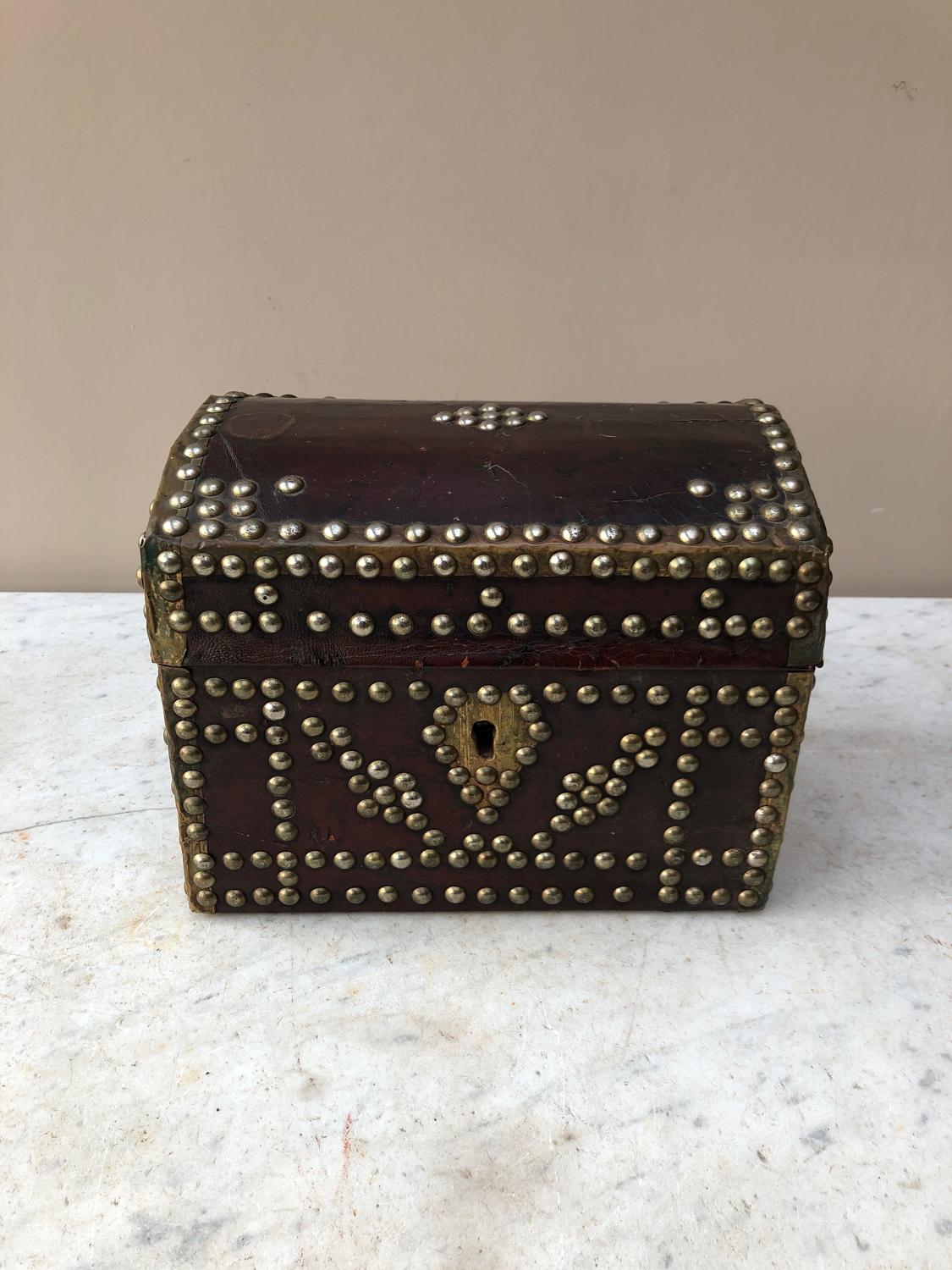 Early Victorian Leather Dome Top Box with Brass Studs