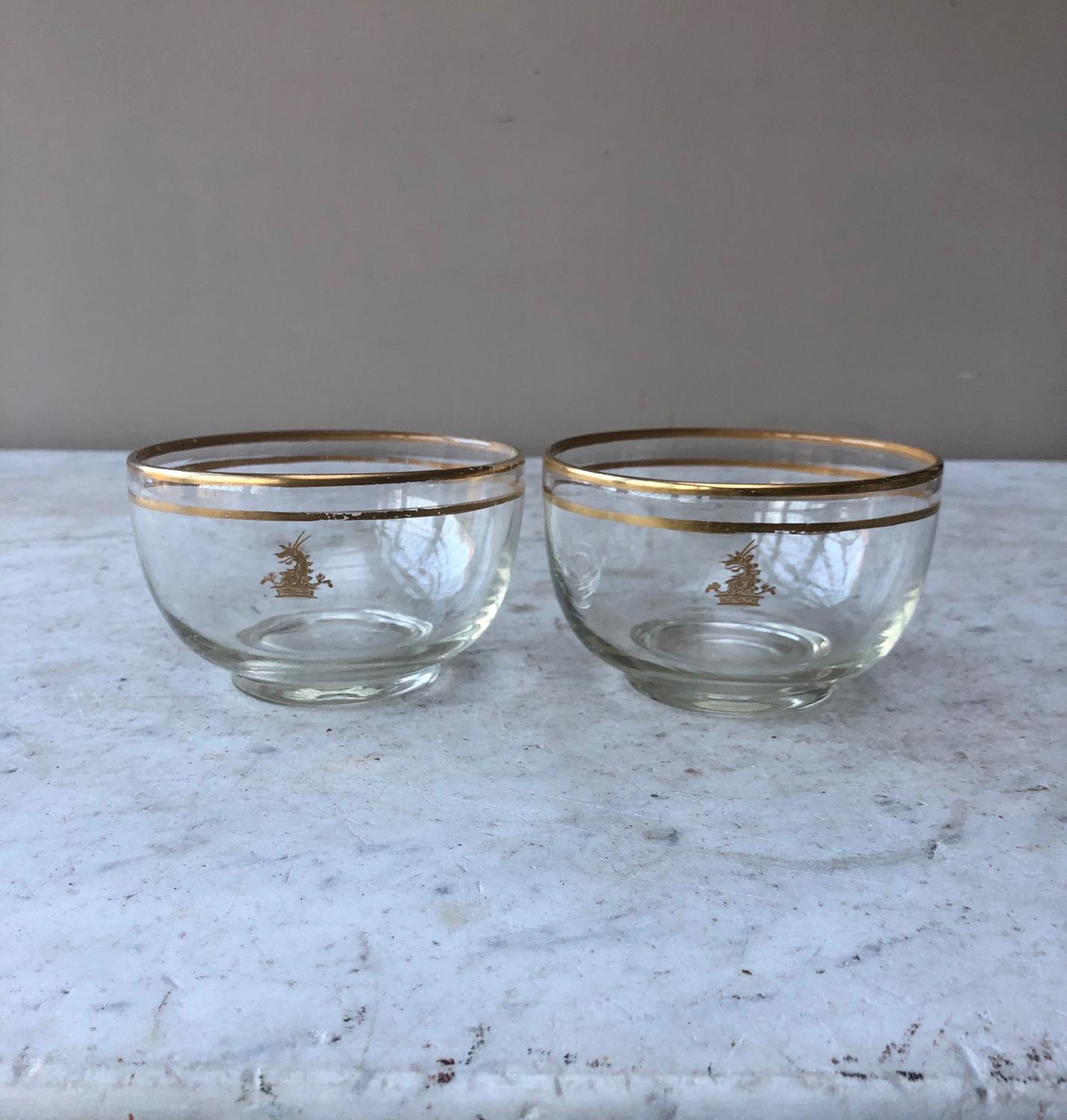 Pair Edwardian Glass Finger Bowls with Family Crest- Perfect for Mints