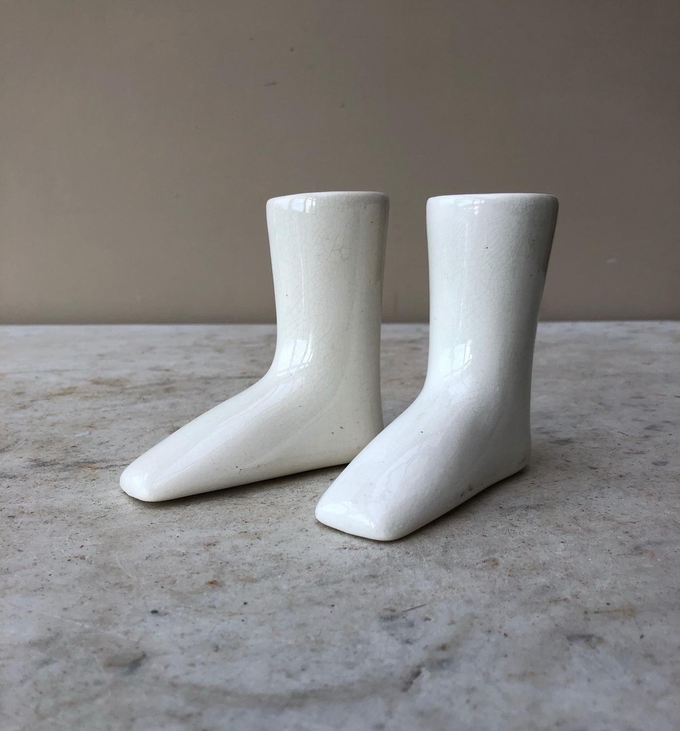 Rare Matched Pair of Victorian White Ironstone Childs Boot Warmers