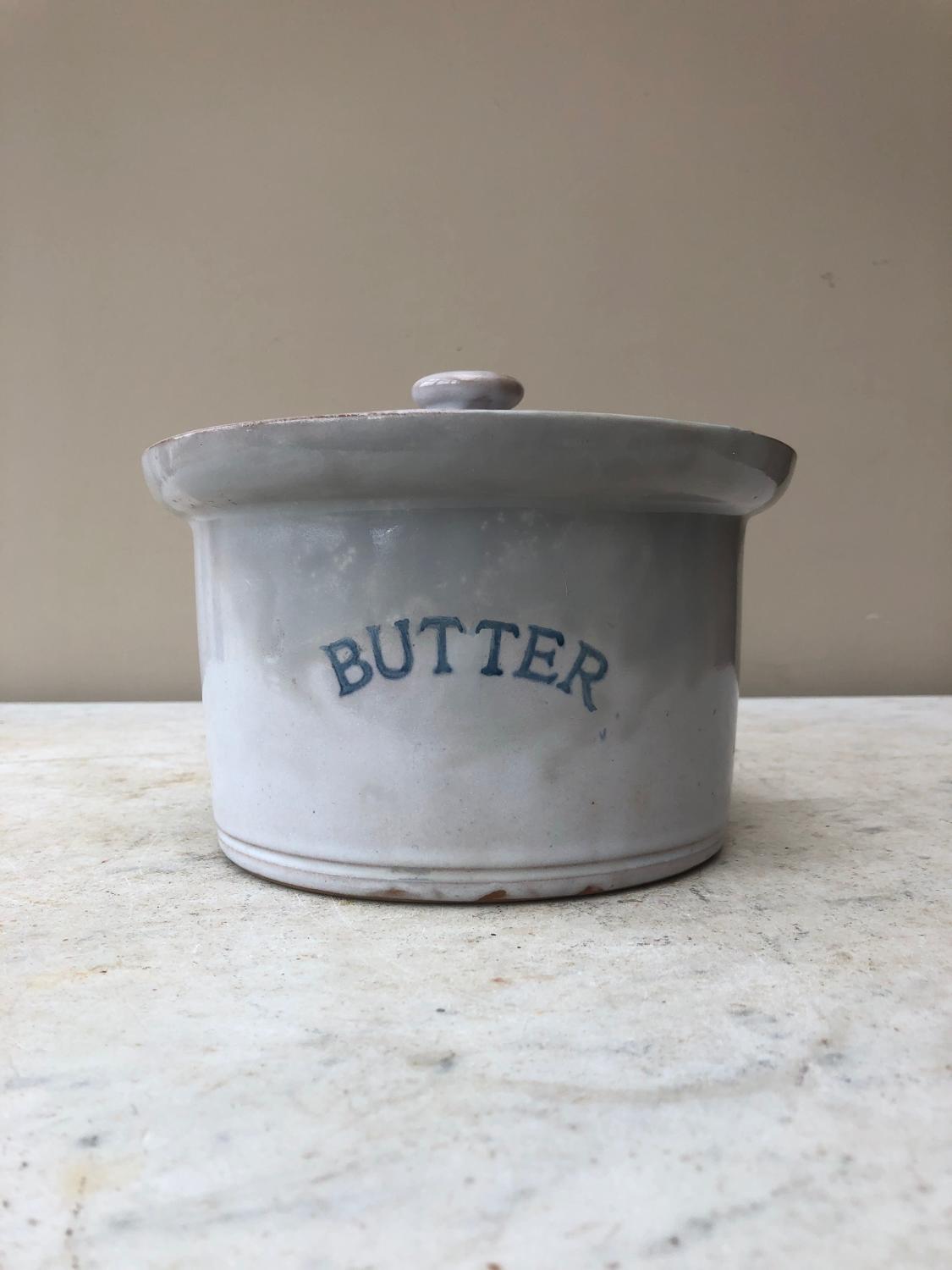 Large Early 20th Century Butter Crock with Lid - Pale Blue Glaze