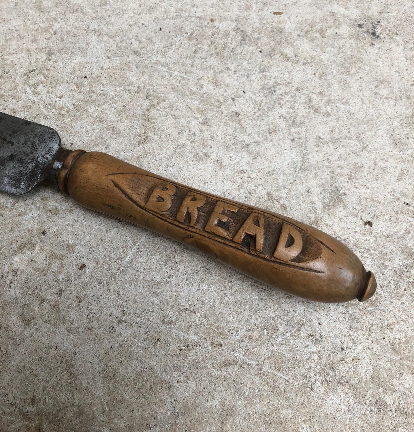 Late Victorian Carved Treen Bread Knife with Steel Blade