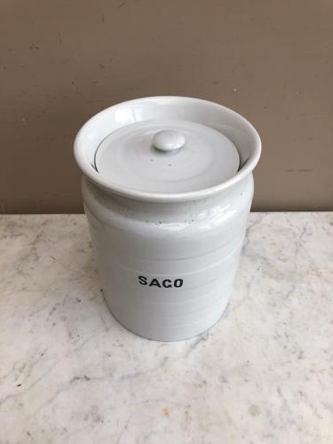 Large Early 20thC White Banded Kitchen Storage Jar with Lid - Sago