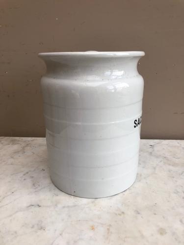 Large Early 20thC White Banded Kitchen Storage Jar with Lid - Sago