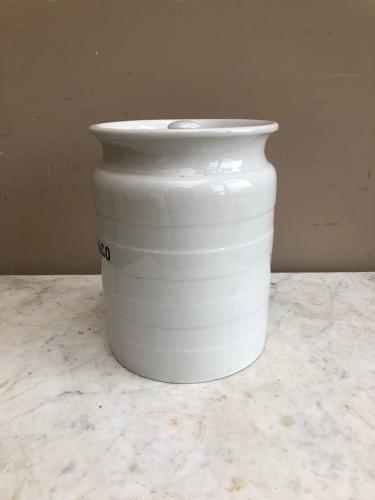 Large Early 20thC White Banded Kitchen Storage Jar with Lid - Sago