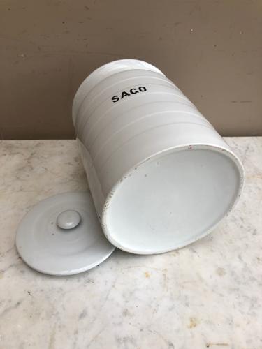 Large Early 20thC White Banded Kitchen Storage Jar with Lid - Sago