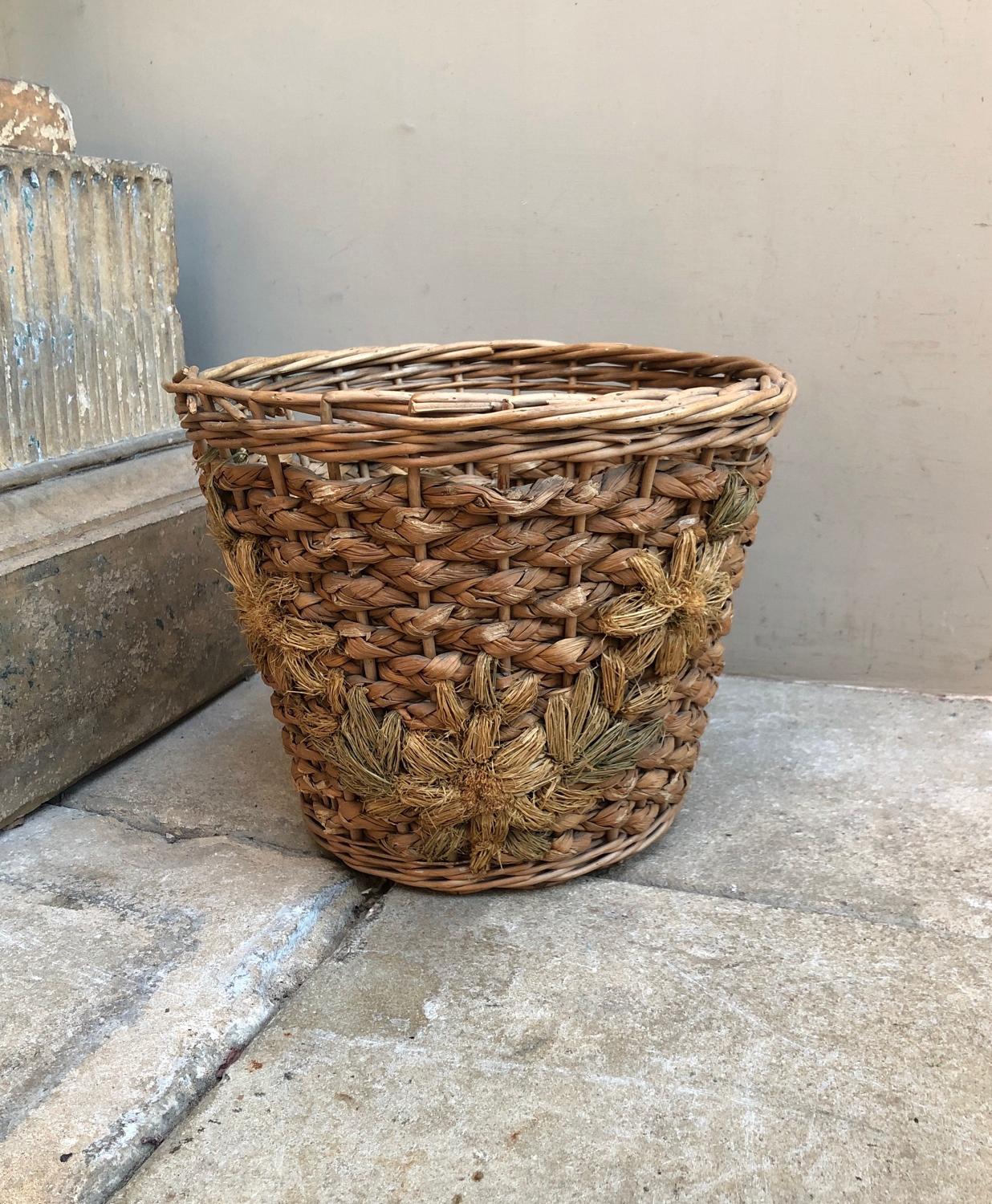 Early 20thC Woven Floral Front Waste Paper Basket