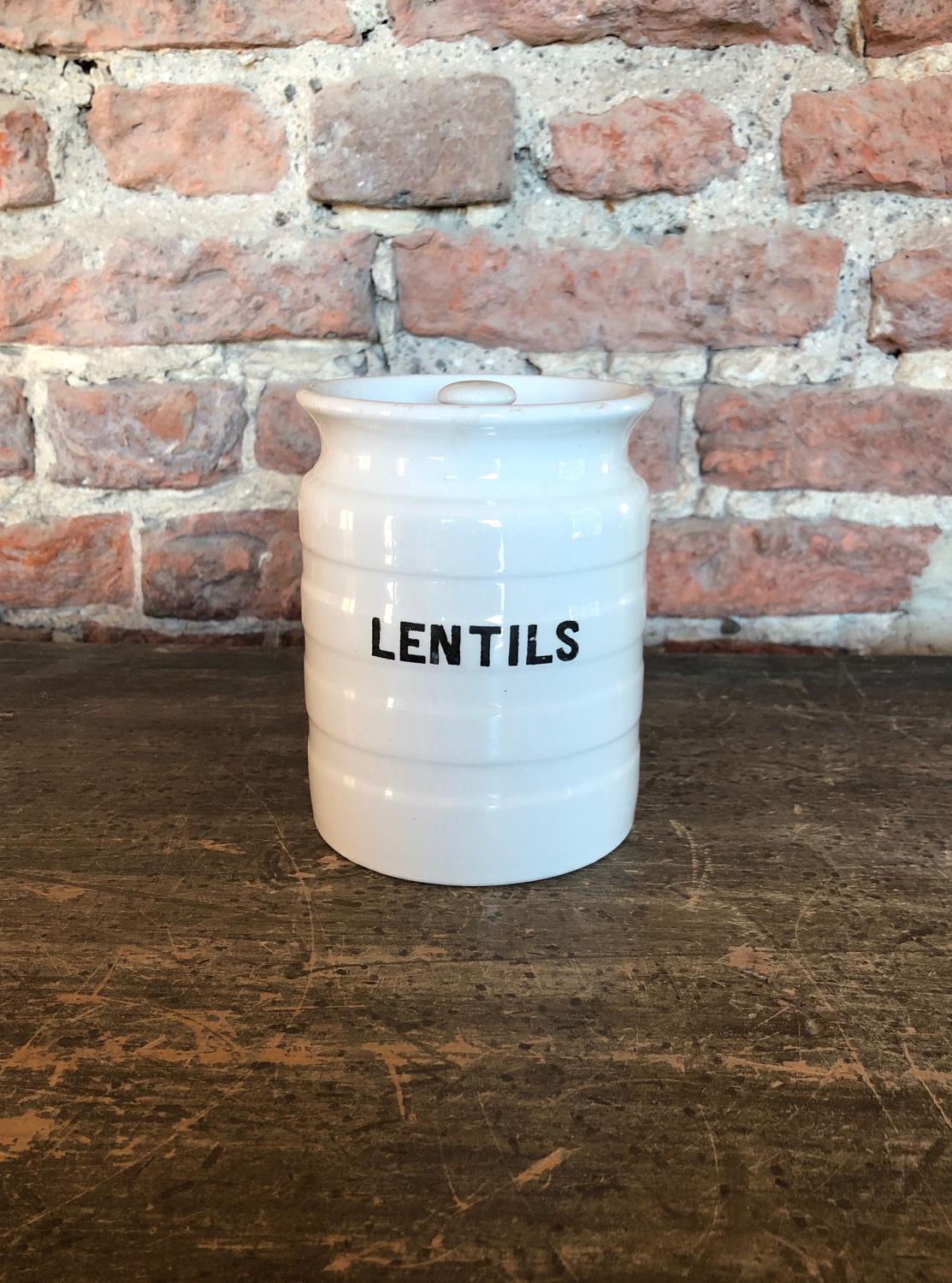Early 20th Century White Banded Kitchen Storage Jar - Lentils